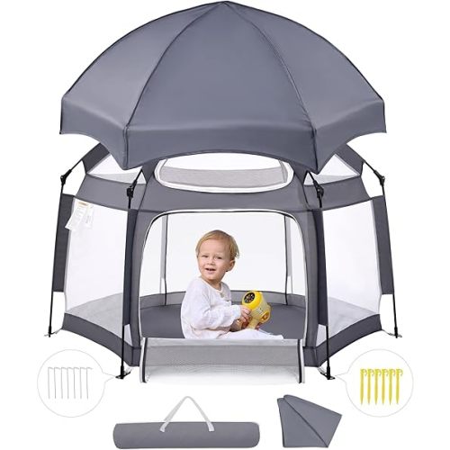 Babelio Baby Playpen with Canopy, Pop up Toddler Tent, Travel/Nap, Indoor and Outdoor, Portable&Foldable, Beach Tent, Sun Protection, Double-Door, One-Touch Storage - Grey