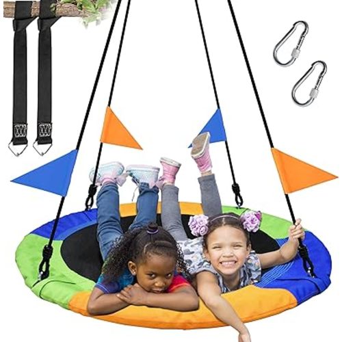 PACEARTH 40 Inch Saucer Tree Swing Flying 900lb Weight Capacity 2 Added Hanging Straps Adjustable Multi-Strand Ropes Colorful Safe and Durable Swing Seat for Children