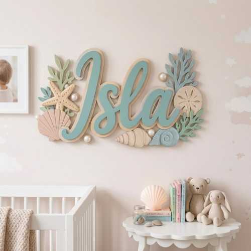 Ocean Nursery Name Sign, Custom Baby Wood Name, Under the Sea Wall Decor, Coastal Beach Nursery, Personalized New Baby Gift, Sea Shell Art