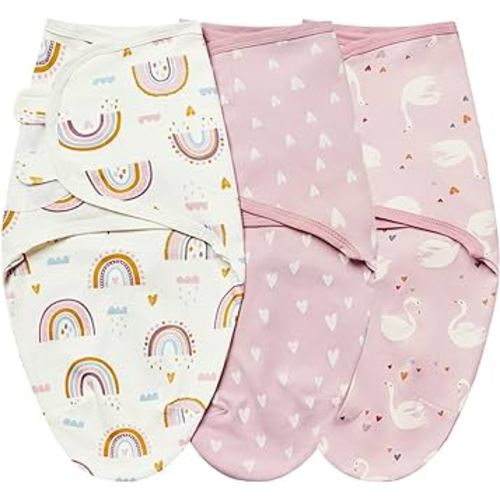 insular Baby Swaddle Wrap, Swaddle Blanket for Newborn and Infant, Adjustable Swaddle Set for Boy and Girl, Soft Cotton Baby Sleep Sack 3 Pack (Small(0-3 M), Pink Swan)