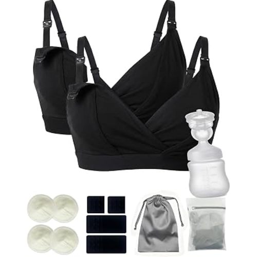 Pumping Bra Hands Free 2pk Nursing and Pumping Bra in One Adjustable V-Neck Bra Holding Breast Pumps Black