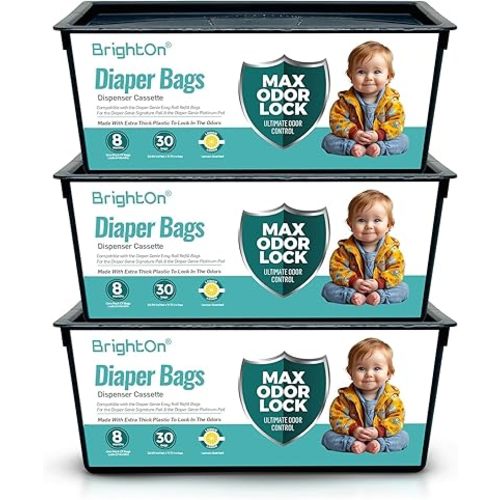 BrightOn Diaper Pail Refills with 90 Bags Compatible with Genie Easy Roll Signature Diaper Pails, 3-Pack (90 Bags) (Unscented)