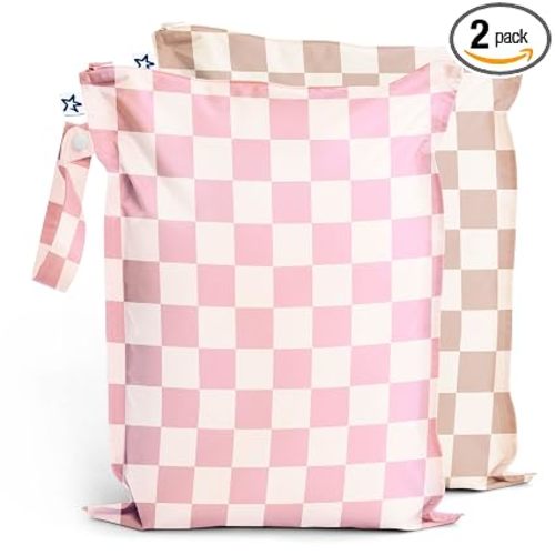 Tiny Twinkle Mess Proof Wet Bags | 2-Pack Reusable Waterproof Wet Bags for Swimsuits | Baby Clothes | Travel & Diaper Bag (Pink, Brown Checkers)
