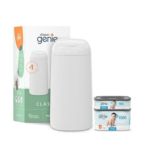 Diaper Genie Classic Diaper Pail Gift Set | Push-N-Lock Odor Control | Includes Starter Refill and Jumbo+ Refill | Holds up to 1,245 Newborn Diapers | Baby Registry Must-Have