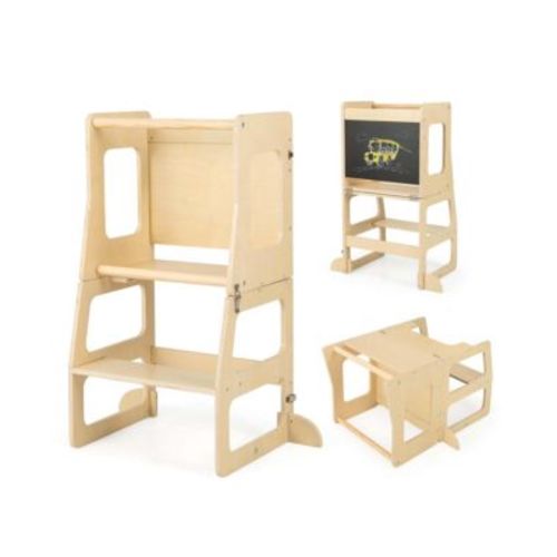 Toddler 3-in-1 Foldable Kitchen Standing Tower with Chalkboard Weaning Table