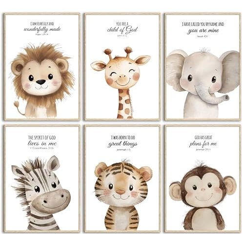 6Pcs Nursery Bible Verse Animal Wall Art Cute Woodland Animals Christian Picture Wall Decor Lions Elephant Giraffe Poster Print Artwork for Classroom BabyBedroom Boys Girls Home Decoration Unframed