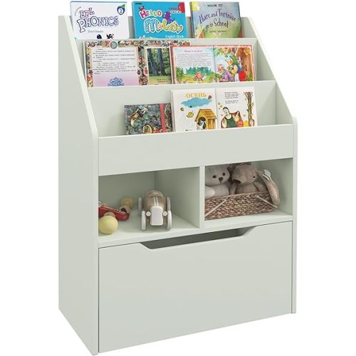 HOMCOM Kids Bookcase Multi-Shelf Rack Organizer with Storage Drawer for Books, Playroom, Pale Green