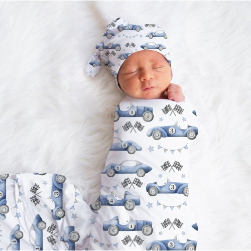 RACE CAR Baby Boy Swaddle Blanket Personalized Swaddle Blanket Race Cars Knotted Baby Cap Baby Gift Hospital Photo Newborn Blanket Fresh 48