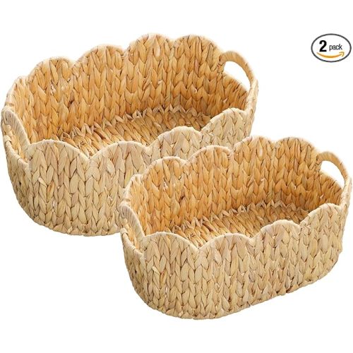 Scalloped Basket Set of 2,Water Hyacinth Basket for Organizing and Decor,Hand-Woven Wicker Storage Baskets with Built-In Handles for Nursery,Gift,Laundry