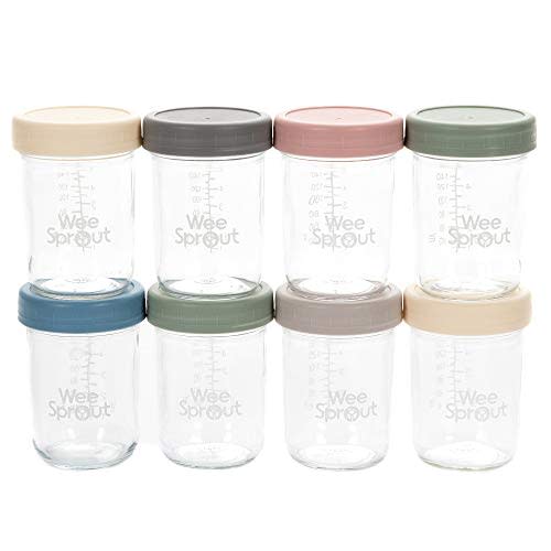 WeeSprout Glass Baby Food Storage Jars w/Lids (8 oz, 8 Pack Set) Snack, Puree, Reusable Small Containers, Breast Milk, Fridge or Freezer, Microwave & Dishwasher Safe, Essential Must Have for Infants