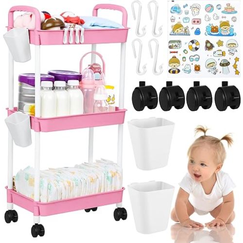 Ripeng 3 Tier Diaper Caddy Movable Baby Diaper Cart Storage Cart Newborn Essentials Caddy Organizer Mobile Shelving Unit for Baby Nursery Changing Table(Pink)