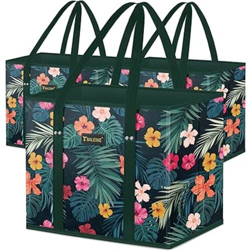 BALEINE 3Pk Reusable Grocery Bags, Foldable Shopping Bags for Groceries with Reinforced Bottom & Handles (Blossom Season)