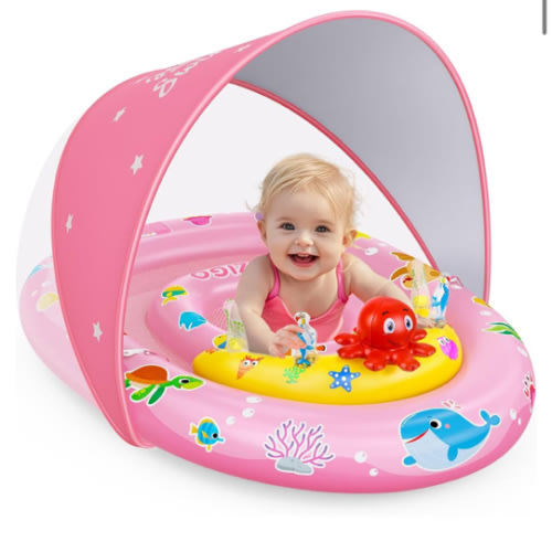 EZIGO Baby Pool Float with Canopy UPF50+ Sun Protection, Inflatable Kids Pool Floats with Ocean Animal Toys for Baby 6-36 Months, Infant Swimming Float with Adjustable Safety Seat for Boys Girls