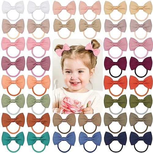 40PCS 2.75" Hair Bows for Baby Girls Thick Hair Elastics Rubber Ribbon Bands, Regular Bows for Toddler Girls, Kids & Children, Pastel Colors