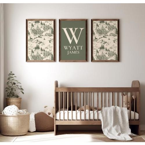 Personalized Woodland Deer Nursery Prints Hunter Green & Beige Cabin Wall Art Custom Name Baby Boy Room Decor Rustic Forest Animals