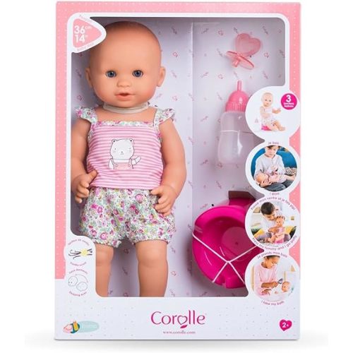 Corolle Drink and Wet Bath Baby Emma - 14” Girl Baby Doll with 3 Accessories - Bottle, Potty, and Pacifier - Really Drinks and Goes Potty, for Kids Ages 2 Years and up