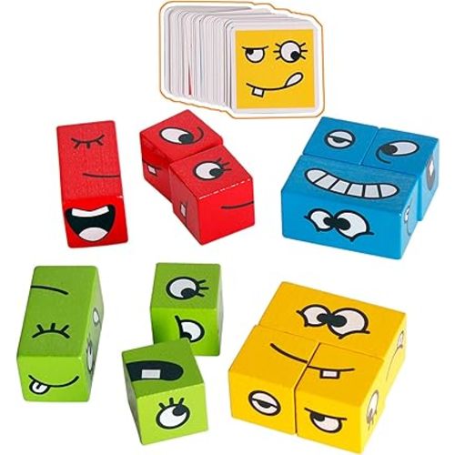 Wooden Expressions Matching Block Puzzles Building Cubes Toy Borad Games Educational Montessori Toys for Kids Ages 3 Years and Up