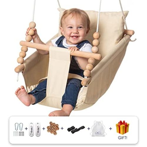 Indoor Baby Swing Hammock Canvas Hanging Baby Swing for Infant to Toddler 6 to 48 Months, Mounting Kit Included, Safe and Secure, Beige