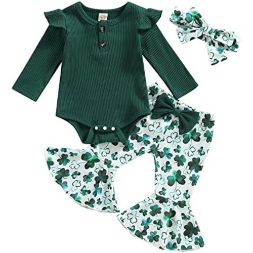 Newborn Baby Girl St. Patrick's Day Outfits Lucky Clover Romper Bell Bottom Flare Pants Headband 3Pcs Spring Clothes