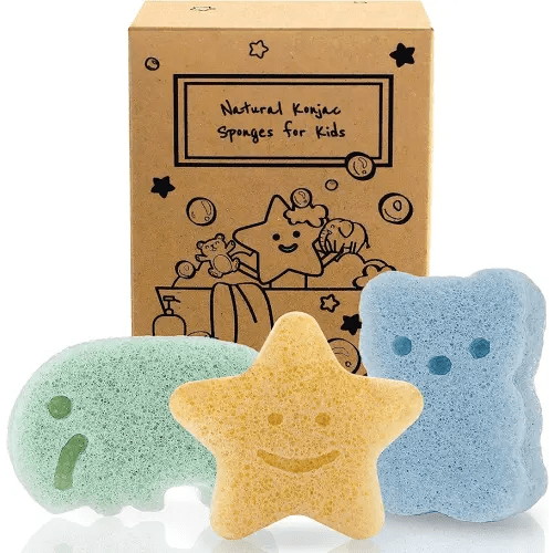 myHomeBody Konjac Baby Sponge for Bathing, Cute Shapes Natural Kids Bath loofah for Infants, Toddler, Newborns, Safe Plant-Based, 3pc. Set: Elephant, Bear & Star