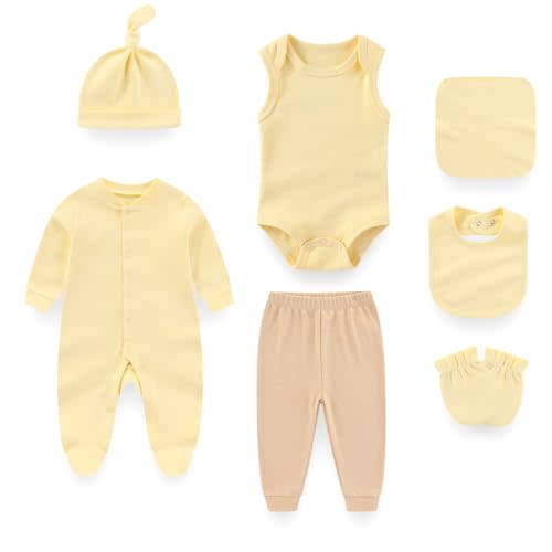 falianni Baby Unisex Layette Set 7-Pack Infant Boy Girl Romper Pant Outfits 0-6 Months Soft Cotton Accessories Essential