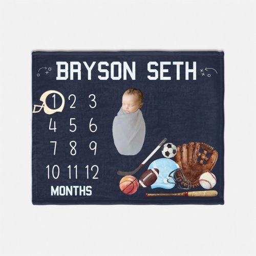 Boy Football and Sports Milestone Blanket, Soccer and Baseball Milestone Blanket, Hockey Monthly Baby Blanket, Baby Sports Blanket B73