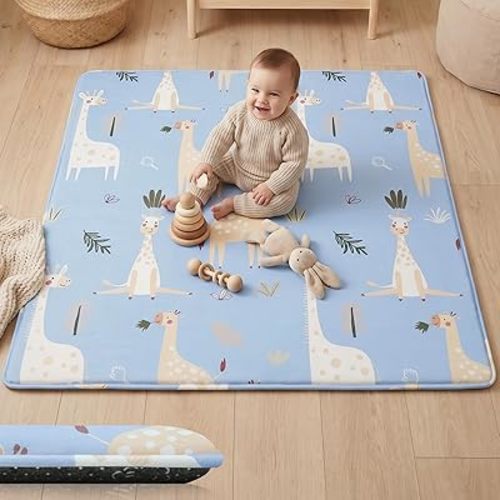 1.5" Thick Baby Play Mat, 50x50 Padded Memory Foam Mat, Tummy Time Crawling Playmat for Nursery Kids Playroom, Giraffe