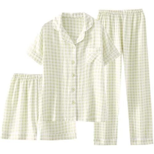 Womens Cotton Pajama Sets Plaid Short Sleeve Button Down Sleepwear Ankle Pants 3 Piece Gingham Pj Set
