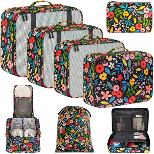 BAGAIL 8 Set Packing Cubes Luggage Packing Organizer Bags for Travel Accessories-Black Floral