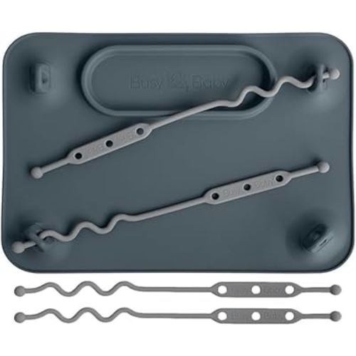 BUSY BABY Silicone Mat - Suction Cups, 4 Straps to Secure Baby Essentials, Self Feeding, Baby Led Weaning, Travel Sleeve Included (Pewter)