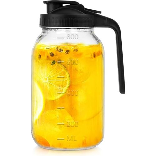 Glass Pitcher with Lid, 32 oz Glass Mason Jar Pitcher with Lid, Heavy Duty Wide Mouth Jar with Lid,Heavy Duty Container for Sun Tea, Juice, Cold Brew Coffee, Breastmilk Storage (Black)