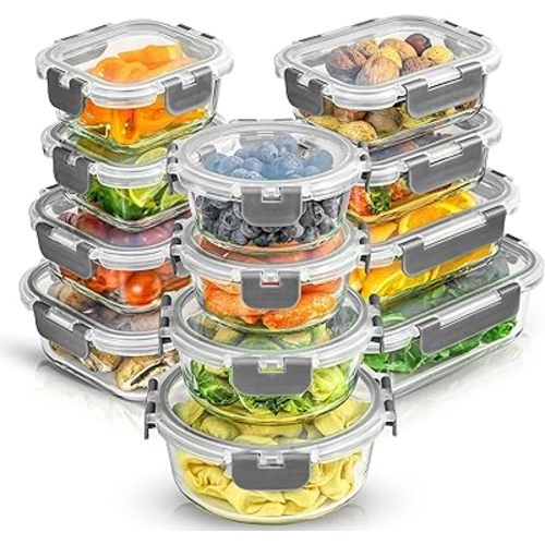 JoyJolt JoyFul 24pc Borosilicate Glass Storage Containers with Lids. 12 Airtight, Freezer Safe Food Storage Containers, Pantry Kitchen Storage Containers, Glass Meal Prep Container for Lunch
