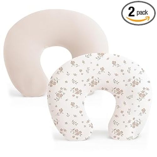 Konssy 2 Pack Nursing Pillow Covers, Stretchy and Soft Nursing Cover for Breastfeeding, Pillow Slipcover for Baby Girls Boys Newborn (Beige, Blossom)