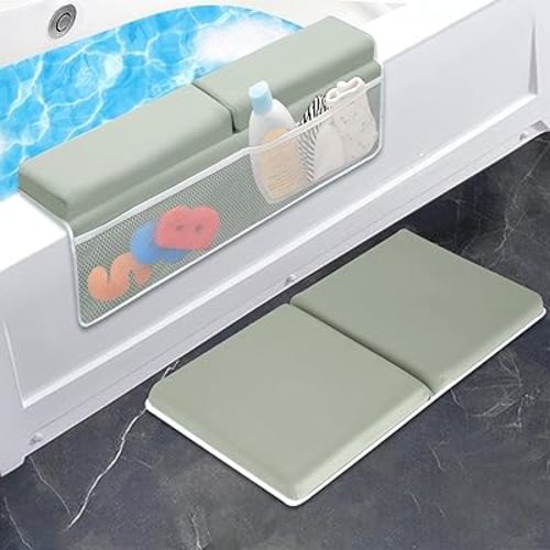 Bath Kneeler with Elbow Rest Pad Set, 1.5 inch Kneeling Pad Mat for Bathtub Baby Bathing Parents, Painless Foam Mat with Toy Organizer Pockets, Non-Slip for Baby and Toddler Bathing