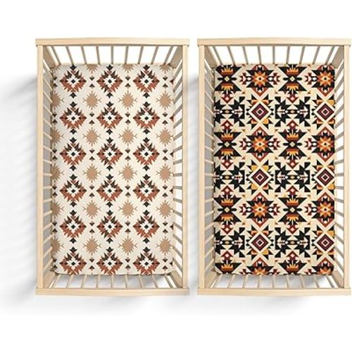 2 Pack Tribal Geometric Native American Pattern Baby Sheets for Crib, Unisex Western Nursery Fitted Bed Sheet for Boys Girls Standard Crib and Toddler Mattress-28x52