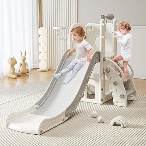 Slide with Basketball Hoop & Telescope Indoor Outdoor Playset, White/Grey
