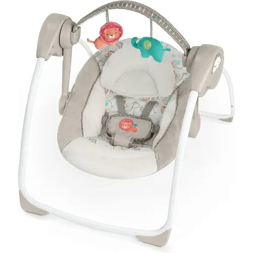 Ingenuity Soothe 'n Delight Compact Portable 6-Speed Plush Baby Swing with Music, Folds Easy, 0-9 Months 6-20 lbs (Cozy Kingdom)