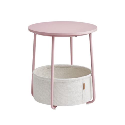 Small Round Side End Table, Modern Nightstand with Fabric Basket Jelly Pink and Cream White