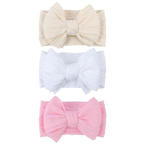LemonSpace Handmade Baby Girls Headbands Soft Stretchy Nylon Hair Bands Hair Accessories with Bows for Newborn Baby Girls Infant Toddlers Kids (Light Pink White Light Beige)