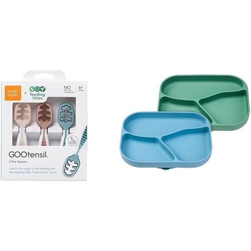NumNum Feeding Littles, 3 Spoons, Neutrals Plus Suction Plates, 2 Pack, Blue/Green