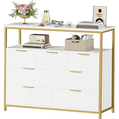 Modern 7 Drawer Dresser, White Dresser with Metal Handles, White and Gold Dresser, Tall Dresser Chest of Drawers, Large Capacity Chest Storage Organizer for Living Room, Entryway, White.