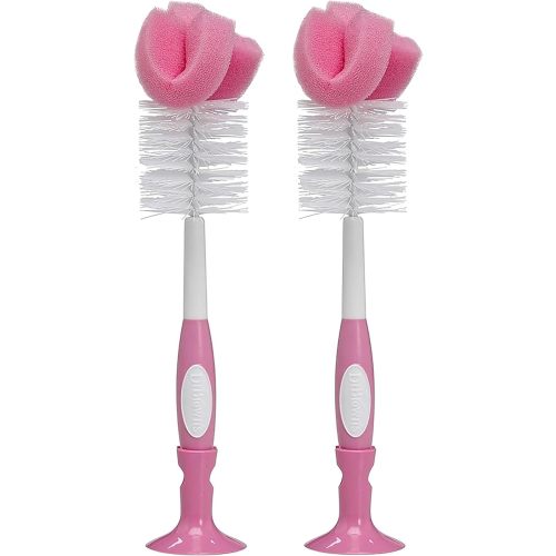 Dr. Brown's Reusable Sponge Baby Bottle Cleaning Brush with Suction Cup Stand, Scrubber and Nipple Cleaner, Pink 2-Pack