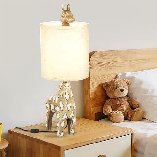 Giraffe Lamp,Cute Animal Lamp,Bedside Table Light for Living Room and Bedroom Nightstand Kids Room,Desk Light with Fabric Shade,Resin Deer,Need E26 Bulb(Excluded),Button Switch