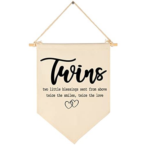 Twin Room Sign-Twins Two Little Blessings-Canvas Hanging Pennant Flag Banner Wall Sign Decor Gift for Nursery Baby Kids Boy Girl Newborn Nephew Teen Bedroom Playroom Front Door-Birthday Christmas Gift
