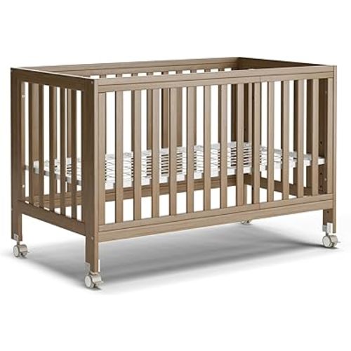 EvoNest Baby Crib, 11 in 1 Convertible Mini Crib with Wheels, 100% New Zealand Pinewood Growing Bed, 4 Adjustable Mattress Height ，Walnut Brown