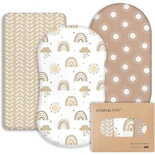 Baby Bassinet Sheets Girl Unisex - 3 Pack Safe Cradle Sheets Universal for Hourglass, Oval Rectangle Bassinet Mattresses (32" x 16") Cloud Rainbow
