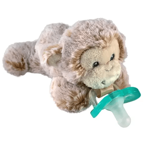 RaZbaby JollyPop Pacifier, Holder w/Detachable Baby Pacifier, Stuffed Animal RaZbuddy, All Ages 0M+, 100% Medical Grade USA Made Silicone, Machine Washable, Textured & Easy to Hold – Monkey