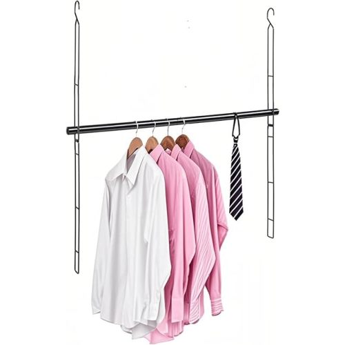 Hanging Closet Rod 31.89in, 6 Height Adjustable Closet Hanging Organizer, Heavy Duty Closet Extender Hanging Rod, Space Saving Clothes Hanging Bar Closet Poles for Hanging Clothes,Black