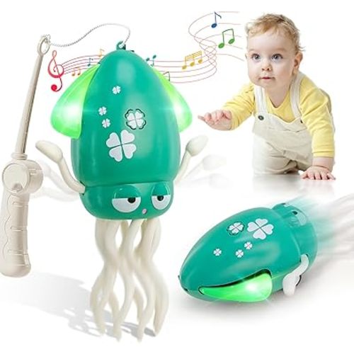 Dancing Octopus Toy for Babies, Electric Crawling Squid Toy with Music & Lights, Fishing Rod & Avoidance Sensor, Tummy Time Toys Baby Toys for 1 2 3 Years Old, Green