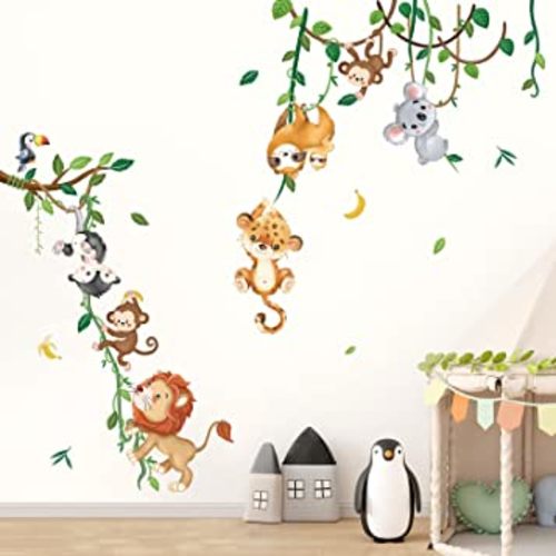 Amazon.com: decalmile Jungle Animals Climbing Tree Wall Decals Monkey Lion Koala Tiger Wall Stickers Baby Nursery Kids Room Living Room Home Decor : Baby